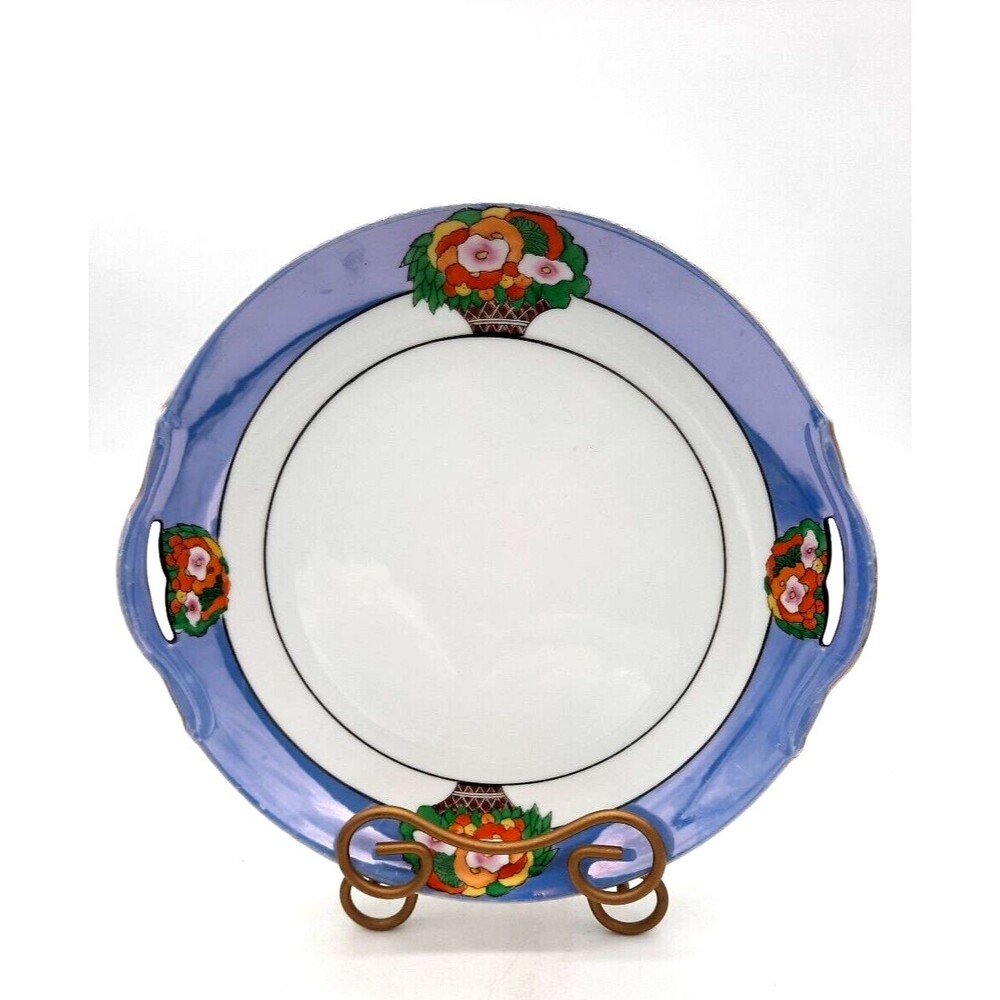 Vintage Noritake Blue Lusterware Floral Basket 10.5" Cake Plate With Handles